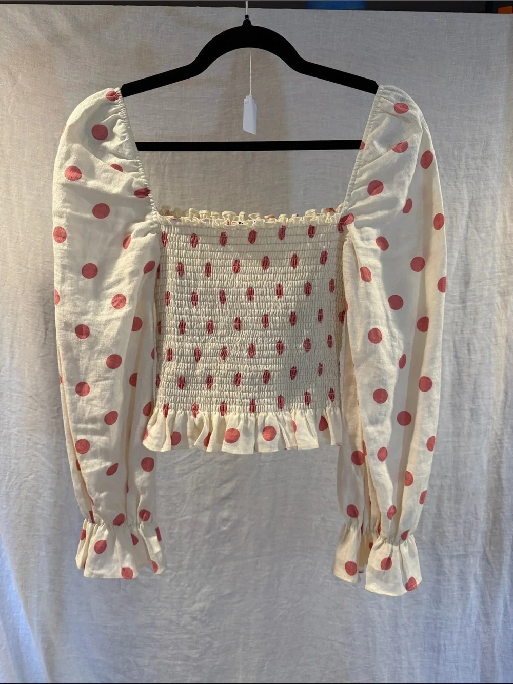 Reformation Pinto Smocked Square-Neck Top with Polka Dots & puff sleeves size S